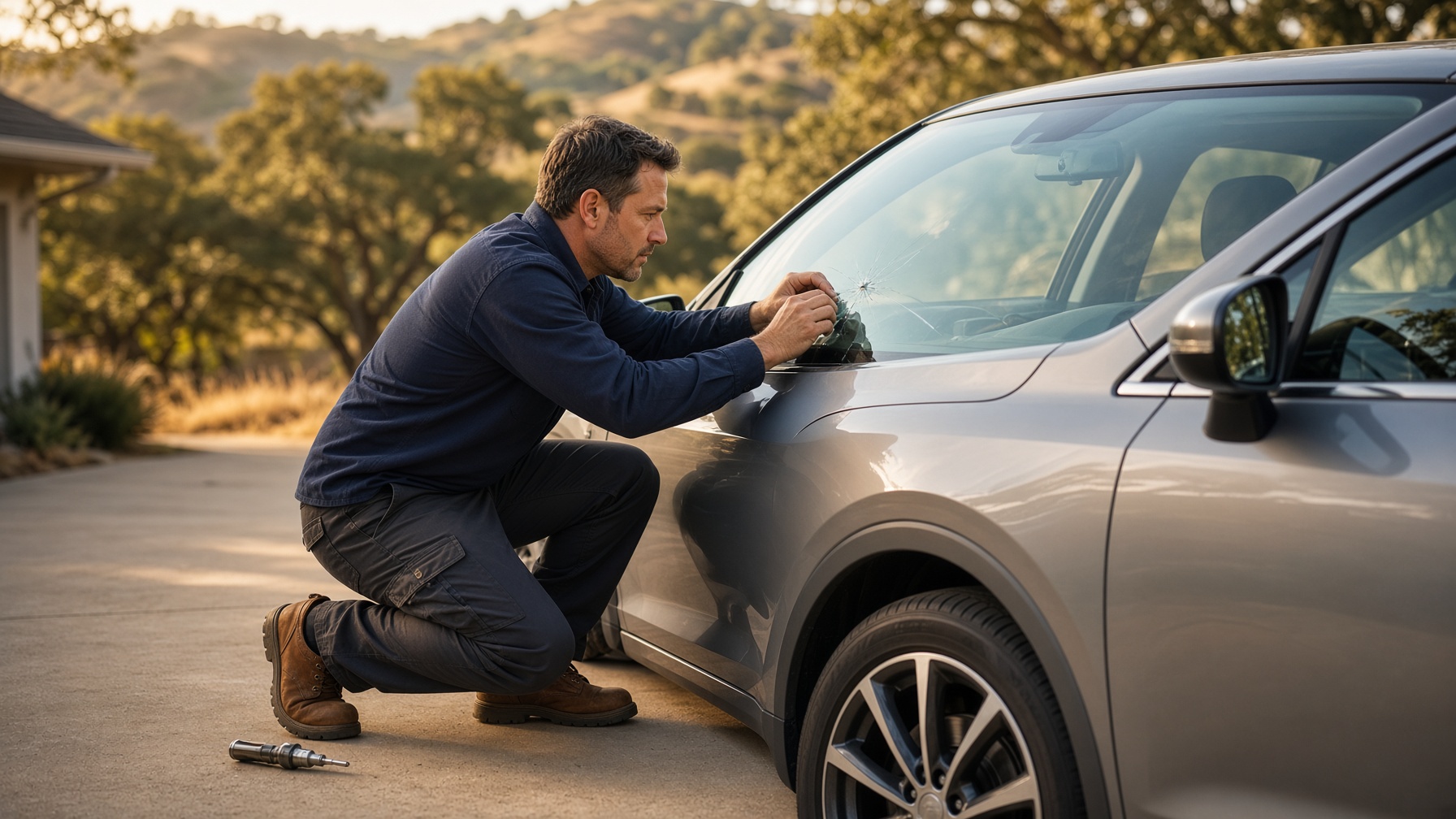 AJ's technician inspecting a windshield in a San Ramon driveway